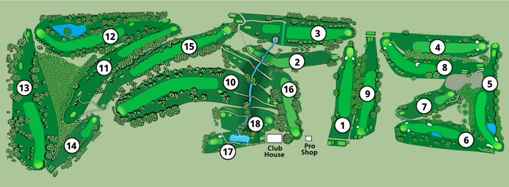 Map of an 18-hole golf course with numbered holes, green fairways, water hazards, trees, a clubhouse, and a pro shop labeled near the 18th hole. Paths connecting each hole are also shown.