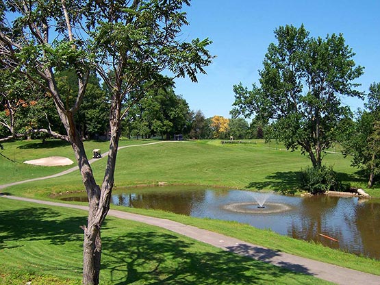 A lush golf course with green lawns, large trees, and a small pond with a water fountain. A sand trap and a golf cart are visible in the distance under a clear blue sky.